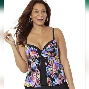 Plus Size Black Floral Tankini Top - Multicolor Tropical Print